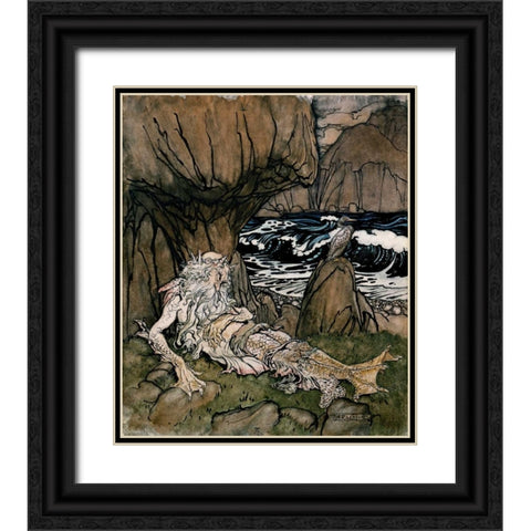 A Crowned Merman a Sea God Sleeping On a Rocky Shore Black Ornate Wood Framed Art Print with Double Matting by Rackham, Arthur