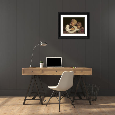 A Boy Writing Black Ornate Wood Framed Art Print with Double Matting by Anker, Albert