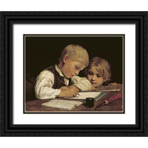 A Boy Writing Black Ornate Wood Framed Art Print with Double Matting by Anker, Albert