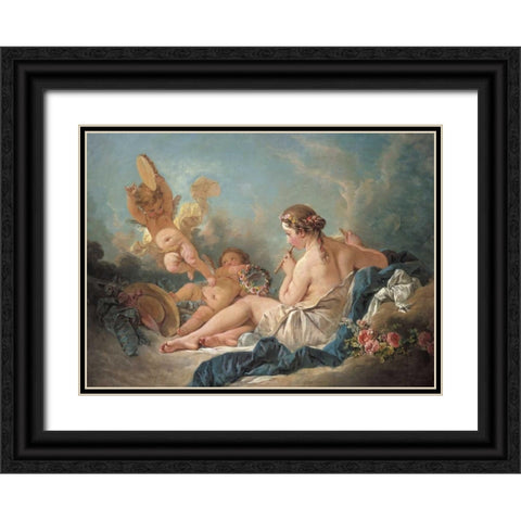 Nymph Playing The Flute With Putti Black Ornate Wood Framed Art Print with Double Matting by Boucher, Francois