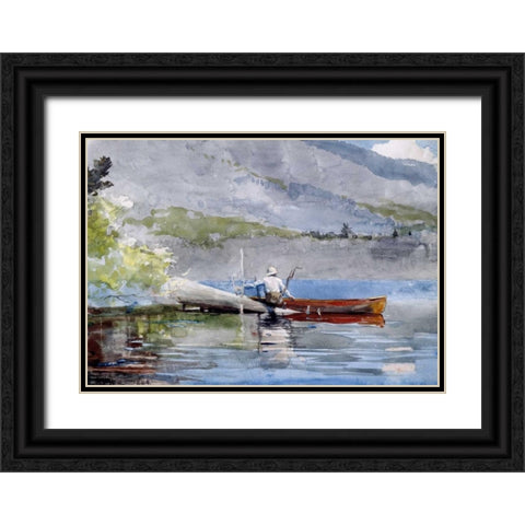 The Red Canoe Black Ornate Wood Framed Art Print with Double Matting by Homer, Winslow