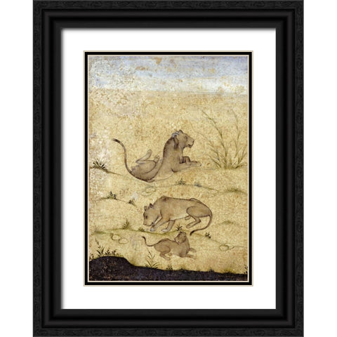 A Family of Lions Black Ornate Wood Framed Art Print with Double Matting by Mughal