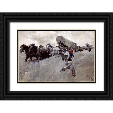 The Connecticut Settlers Entering The Western Reserve Black Ornate Wood Framed Art Print with Double Matting by Pyle, Howard