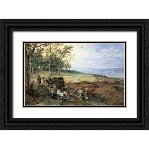 A Wooded Landscape with Travelers Black Ornate Wood Framed Art Print with Double Matting by Jan Brueghel the Elder
