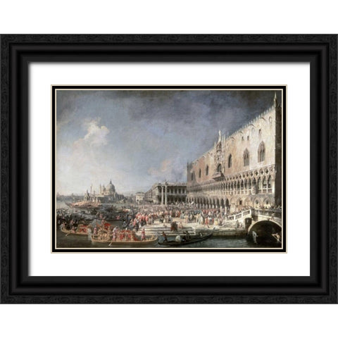 Reception of French Ambassador In Venice Black Ornate Wood Framed Art Print with Double Matting by Canaletto