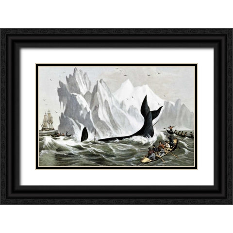 Capturing The Whale Black Ornate Wood Framed Art Print with Double Matting by Currier and Ives