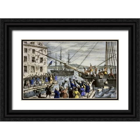Destruction of Tea at Boston Harbor Black Ornate Wood Framed Art Print with Double Matting by Currier and Ives