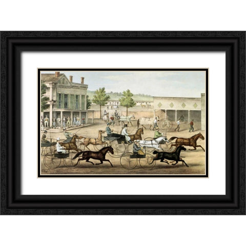 Going To The Trot Black Ornate Wood Framed Art Print with Double Matting by Currier and Ives