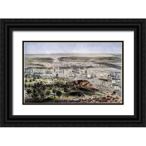 Port of New York Birds Eye View From The Battery, Looking South Black Ornate Wood Framed Art Print with Double Matting by Currier and Ives