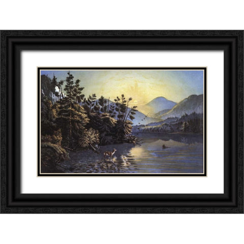 Sunrise On Lake Saranac Black Ornate Wood Framed Art Print with Double Matting by Currier and Ives