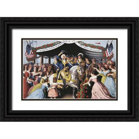 Washingtons Reception, On The Bridge Trenton Black Ornate Wood Framed Art Print with Double Matting by Currier and Ives
