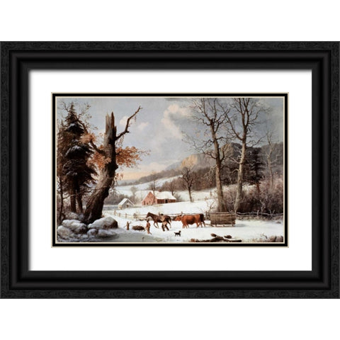 Winter In The Country - Homeward From The Wood-Lot Black Ornate Wood Framed Art Print with Double Matting by Currier and Ives