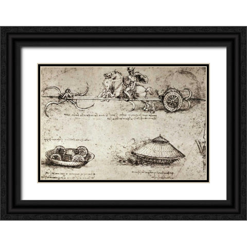 Military Inventions Sketches Black Ornate Wood Framed Art Print with Double Matting by Da Vinci, Leonardo