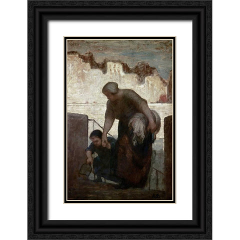 Laundress Black Ornate Wood Framed Art Print with Double Matting by Daumier, Honore