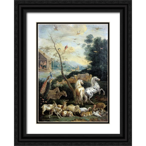 Animals Assembling before the Flood Black Ornate Wood Framed Art Print with Double Matting by De Hondt, Lambert