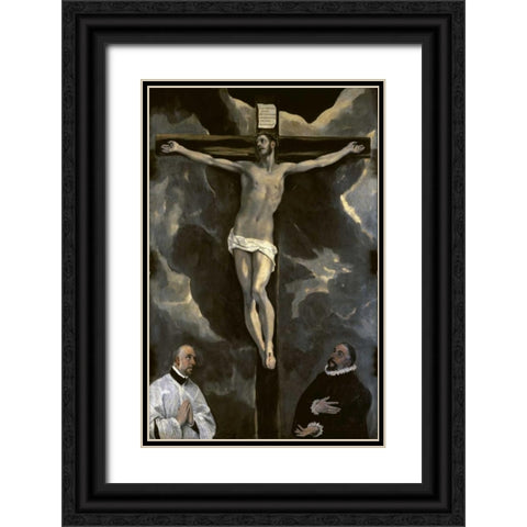 Christ on the Cross Adored by Two Donors Black Ornate Wood Framed Art Print with Double Matting by El Greco