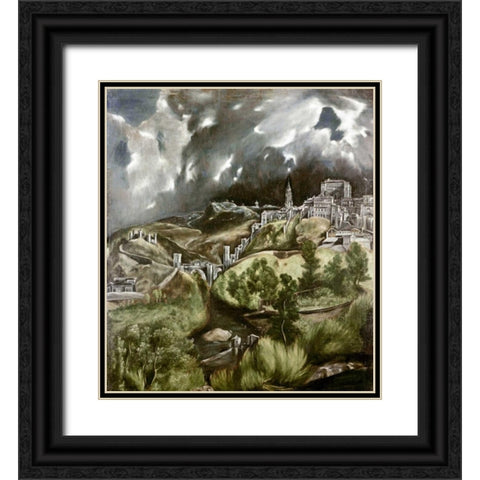 View of Toledo Black Ornate Wood Framed Art Print with Double Matting by El Greco