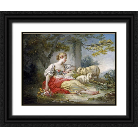 Shepherdess Seated with Sheep and a Basket of Flowers Near a Ruin in a Wooded Landscape Black Ornate Wood Framed Art Print with Double Matting by Fragonard, Jean Honore