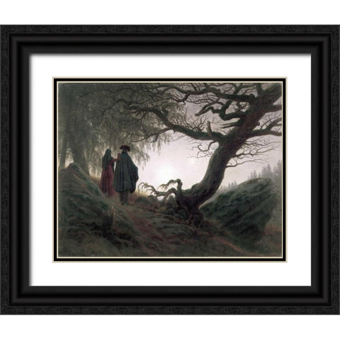 Man and Woman Contemplating The Moon Black Ornate Wood Framed Art Print with Double Matting by Friedrich, Caspar David