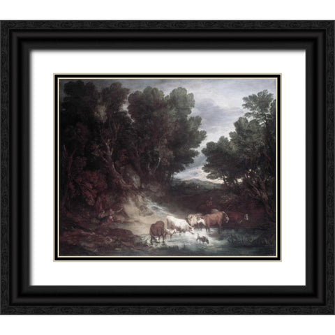 Watering Place Black Ornate Wood Framed Art Print with Double Matting by Gainsborough, Thomas