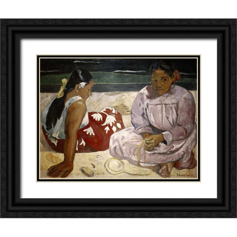 Tahitian Women - On The Beach Black Ornate Wood Framed Art Print with Double Matting by Gauguin, Paul