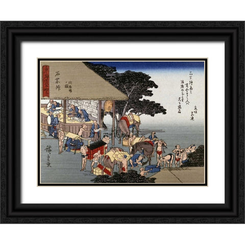 Kusatsu, Coolies Resting at a Teahouse Black Ornate Wood Framed Art Print with Double Matting by Hiroshige