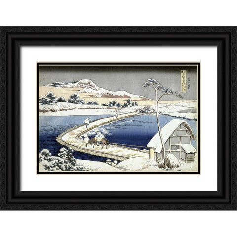 Pontoon Bridge at Sano, Kozuke Province, Ancient View Black Ornate Wood Framed Art Print with Double Matting by Hokusai