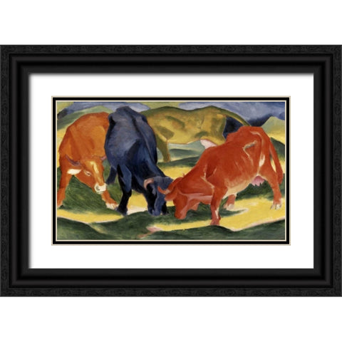 Fighting Cows Black Ornate Wood Framed Art Print with Double Matting by Marc, Franz
