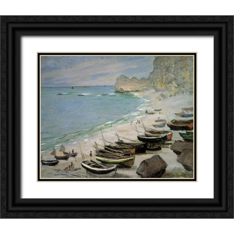 Boats on the Beach at Etretat, 1883 Black Ornate Wood Framed Art Print with Double Matting by Monet, Claude