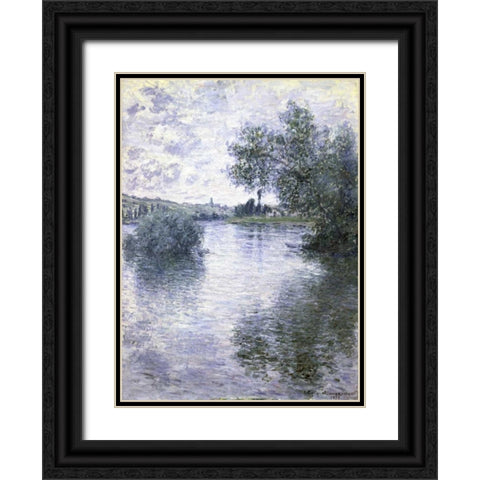The Seine at Vetheuil Black Ornate Wood Framed Art Print with Double Matting by Monet, Claude