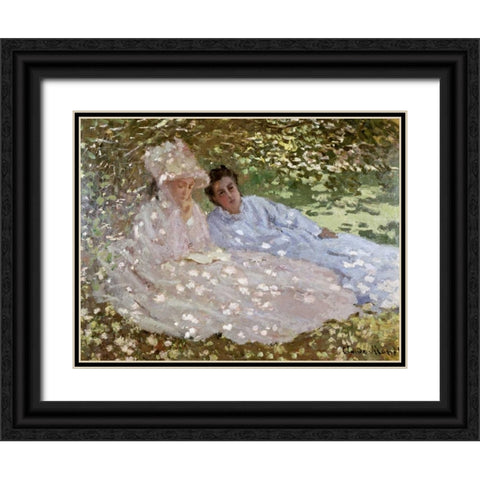 Madame Monet in the Garden Black Ornate Wood Framed Art Print with Double Matting by Monet, Claude