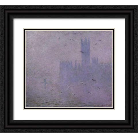 Seagulls - The River Thames and Houses of Parliament, London Black Ornate Wood Framed Art Print with Double Matting by Monet, Claude