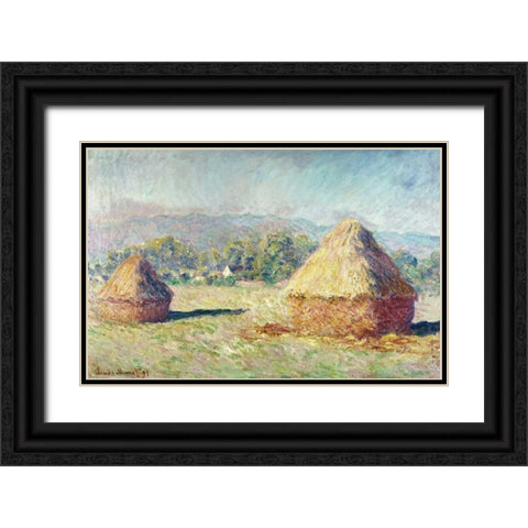 Two Haystacks Black Ornate Wood Framed Art Print with Double Matting by Monet, Claude