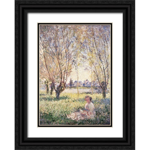 Woman Seated under the Willows Black Ornate Wood Framed Art Print with Double Matting by Monet, Claude
