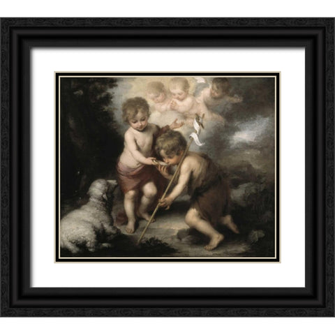 Jesus and John The Baptist: Children W/ Shell Black Ornate Wood Framed Art Print with Double Matting by Murillo, Bartolome Esteban