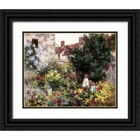 In the Garden Black Ornate Wood Framed Art Print with Double Matting by Pissarro, Camille