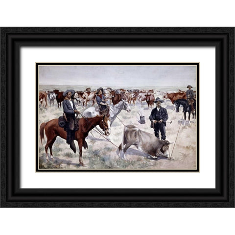 Branding a Steer Black Ornate Wood Framed Art Print with Double Matting by Remington, Frederic