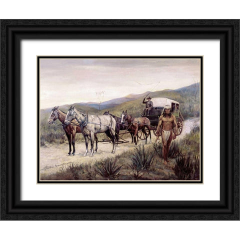 Halted Stagecoach Black Ornate Wood Framed Art Print with Double Matting by Remington, Frederic