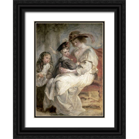 Helena Fourment and Her Children, Claire-Jeanne and Francois Black Ornate Wood Framed Art Print with Double Matting by Rubens, Peter Paul