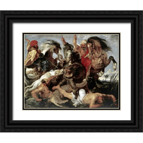 Hippo Hunt Black Ornate Wood Framed Art Print with Double Matting by Rubens, Peter Paul