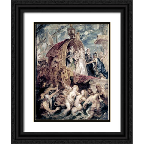 Marie De Medici Arrives In Marseilles Black Ornate Wood Framed Art Print with Double Matting by Rubens, Peter Paul