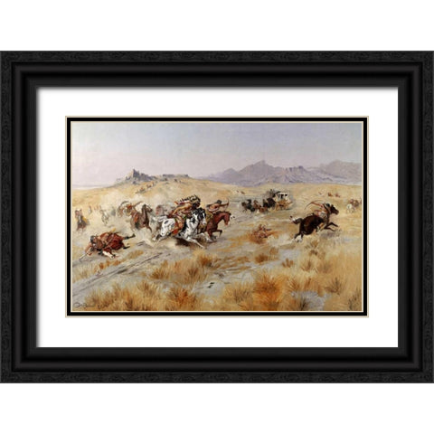 Attack Black Ornate Wood Framed Art Print with Double Matting by Russell, Charles M.