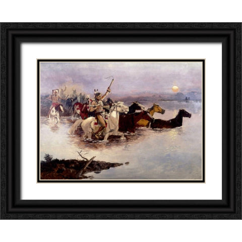 Crossing The River Black Ornate Wood Framed Art Print with Double Matting by Russell, Charles M.