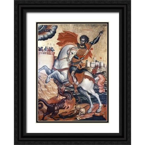 St. George Slaying The Dragon Black Ornate Wood Framed Art Print with Double Matting by Tzanes