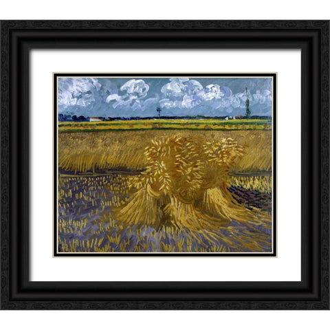 Wheat Field with Sheaves Black Ornate Wood Framed Art Print with Double Matting by Van Gogh, Vincent