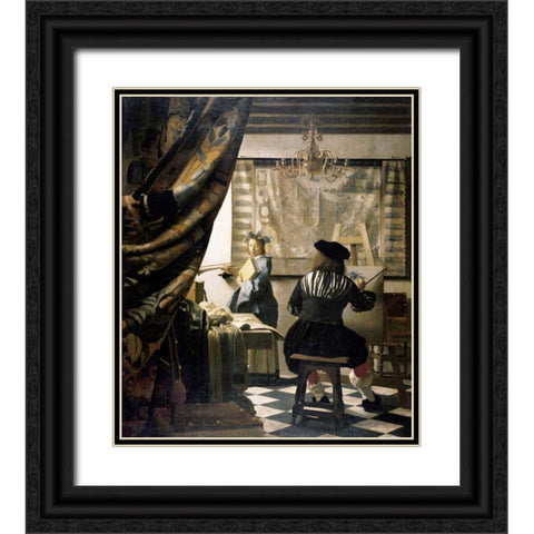 The Artists Studio Black Ornate Wood Framed Art Print with Double Matting by Vermeer, Johannes