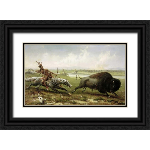 Buffalo Hunt Black Ornate Wood Framed Art Print with Double Matting by Walker, Frederick