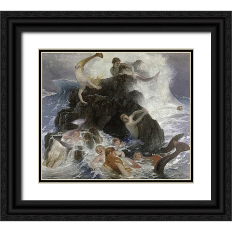 Mermaids at Play Black Ornate Wood Framed Art Print with Double Matting by Bocklin, Arnold