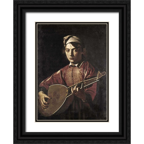 The Lute Player Black Ornate Wood Framed Art Print with Double Matting by Caravaggio