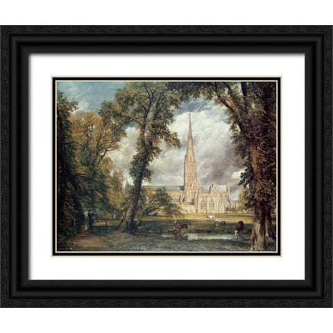 Salisbury Cathedral Black Ornate Wood Framed Art Print with Double Matting by Constable, John
